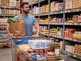 Cash and carry store aisle stocked with food service supplies