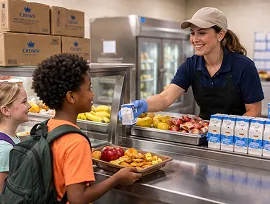 School cafeteria serving lunch with disposable trays