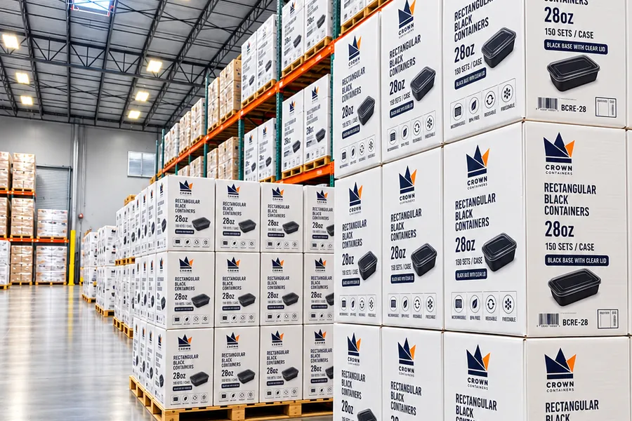 Pallets of Crown 28 oz rectangular black containers in the Houston warehouse