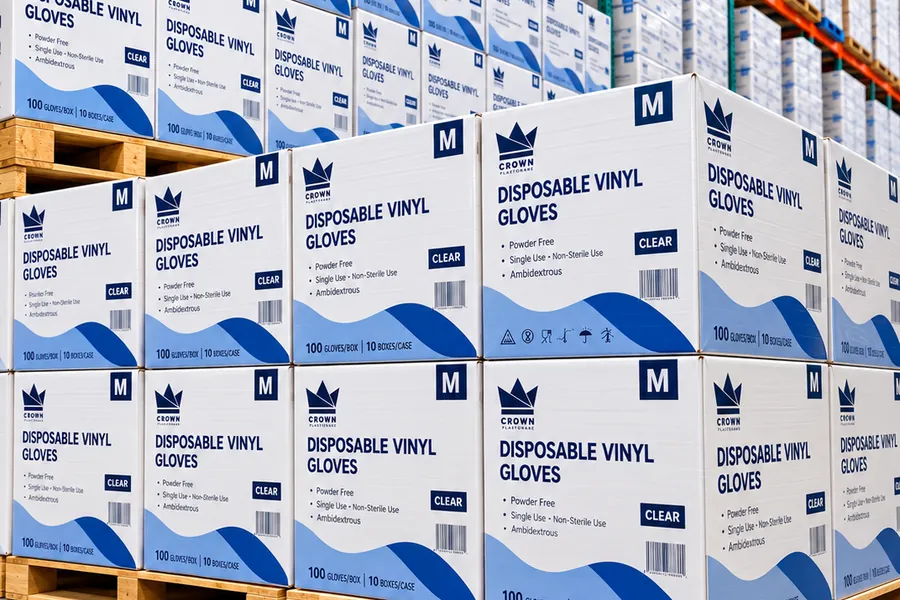 Cases of Crown disposable vinyl gloves stacked on pallets in the Houston warehouse