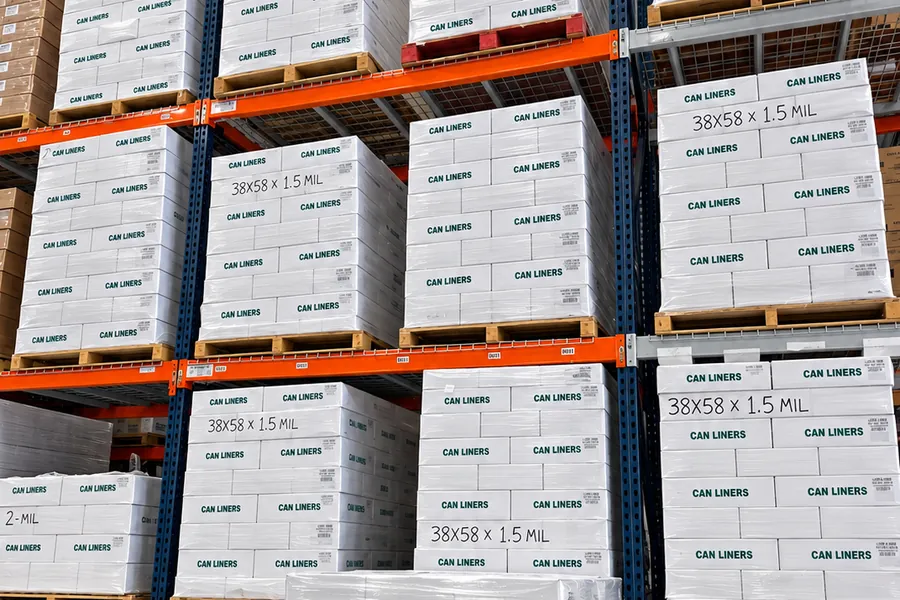 Pallets of can liners on warehouse racking