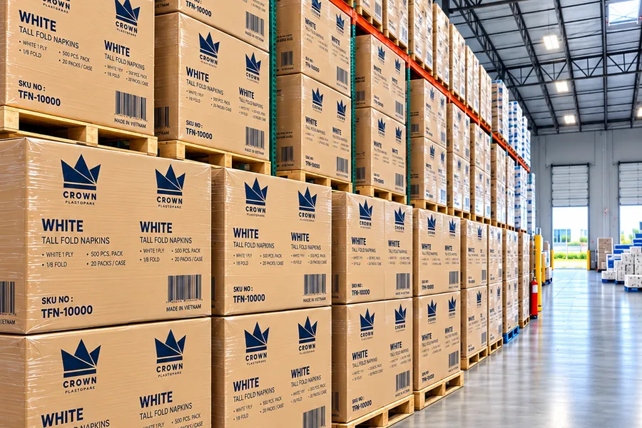 Racks of Crown paper cases along a warehouse aisle